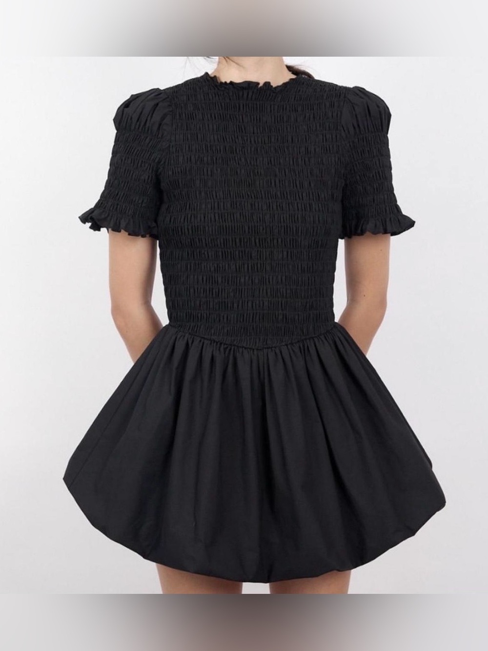 Black Smocked Short Sleeve Mini Dress